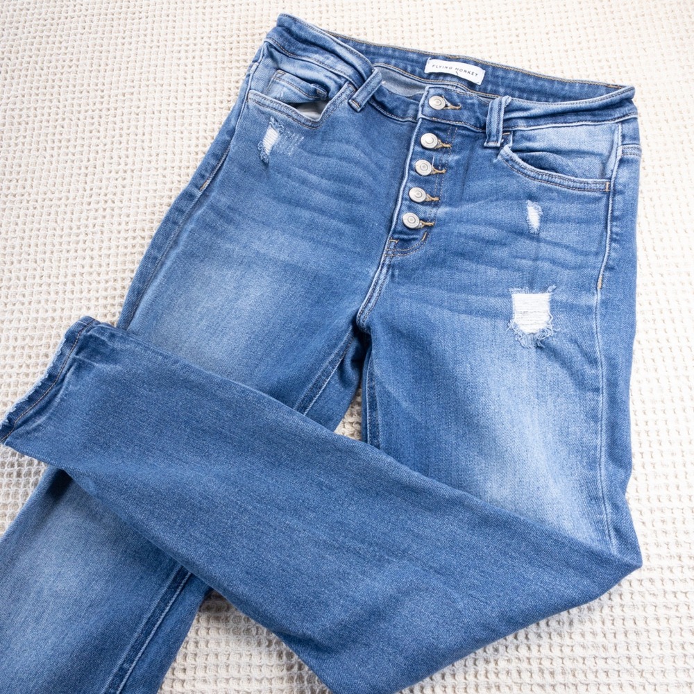 Flying Monkey Womens 30 High Rise Skinny Distressed Button Fly Jeans Y3536 Blue